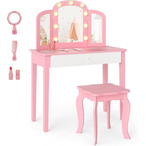 COSTWAY Coiffeuse Enfant Fille avec Chaise et Miroir Lumineux, Bureau Enfant Fille avec Tiroir & 3 Accessoires, Dispositif Anti-basculement, Table de Maquillage pour 3-12 Ans, Charge 50kg (Rose)