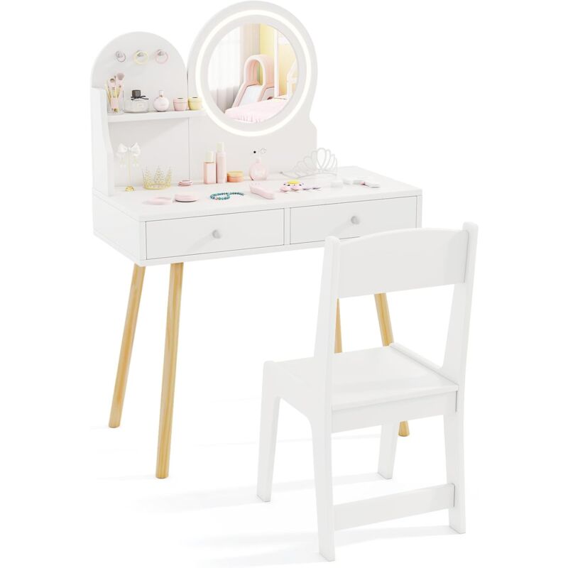 Coiffeuse Enfant Fille avec Chaise & Miroir Éclairé led, Bureau Enfant Fille avec Étagère & Tiroirs & Crochets, Dispositif Anti-basculement, Charge