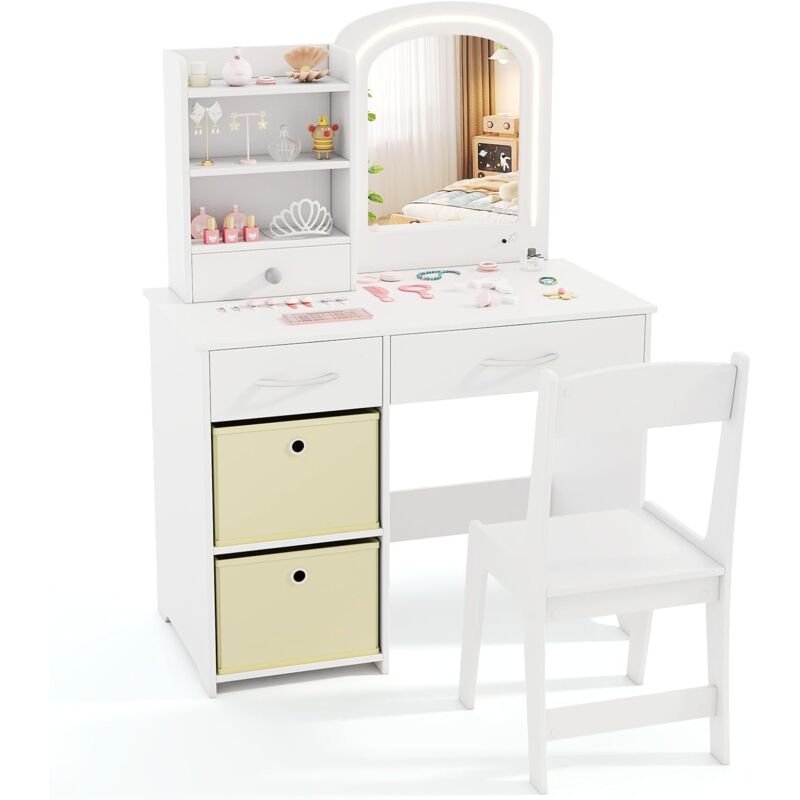 Coiffeuse Enfant Fille avec Chaise & Miroir Lumineux, Bureau Enfant Fille avec 3 Étagères & 3 Tiroirs & 2 Bacs en Tissu, Dispositif Anti-basculement,