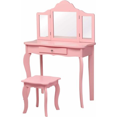 Costway – Coiffeuse enfant rose avec tabouret – Miroir à trois panneaux – Tiroir de rangement – Dimensions 70 x 34 x 103 cm – MDF robuste