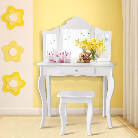 COSTWAY Coiffeuse Enfant Rose avec Tabouret, Table de Maquillage avec Miroir à Trois Panneaux et Tiroir, 70 x 34 x 103 CM, Blanc