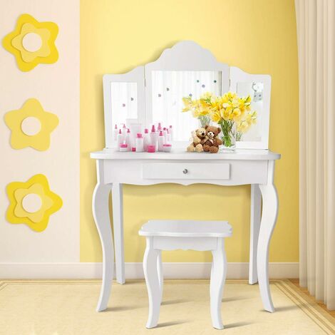 COSTWAY Coiffeuse Enfant Rose avec Tabouret, Table de Maquillage avec Miroir à Trois Panneaux et Tiroir, 70 x 34 x 103 CM, Blanc