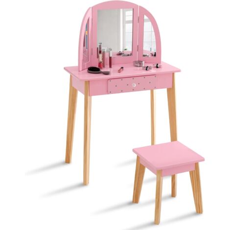 COSTWAY Coiffeuse Enfants 2 en 1 avec Tabouret,Table Maquillage en Bois avec 3 Miroirs Pliant Amovible,Style Princesse pour Tout-Petits de 3 à 7 Ans,Rose