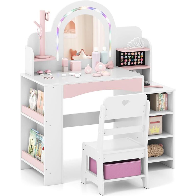 COSTWAY Coiffeuse Enfants Fille avec Chaise & Miroir Éclairé, Bureau Enfant Fille avec Bibliothèque & Étagères Ouvertes & Support pour Bijoux,