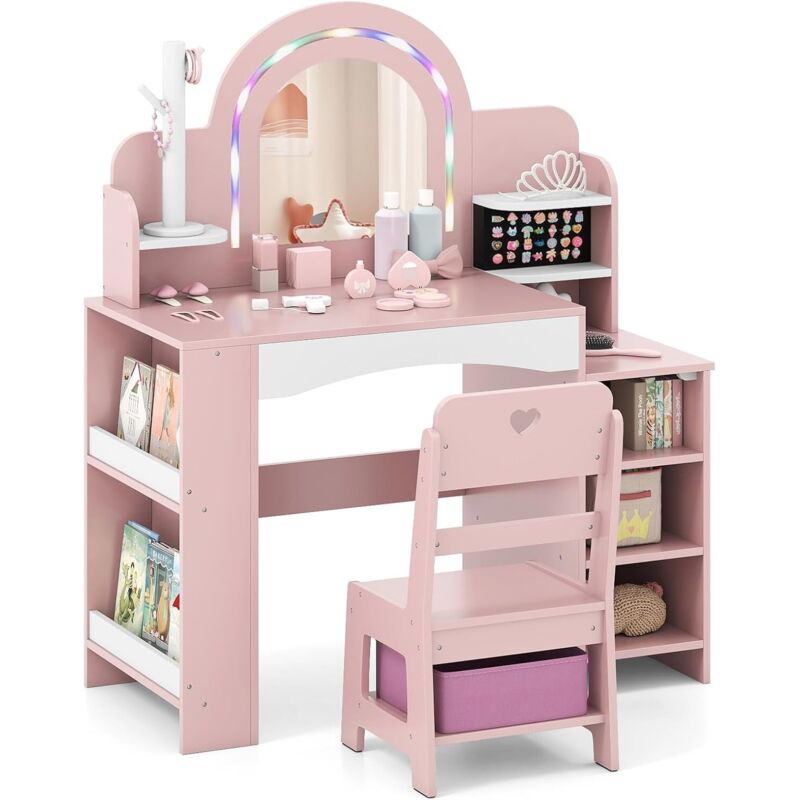 COSTWAY Coiffeuse Enfants Fille avec Chaise & Miroir Éclairé, Bureau Enfant Fille avec Bibliothèque & Étagères Ouvertes & Support pour Bijoux,