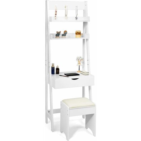 Costway – Coiffeuse moderne avec miroir – MDF blanc – 61,5x40x180cm – Espace de rangement 6 compartiments – Tabouret confortable inclus