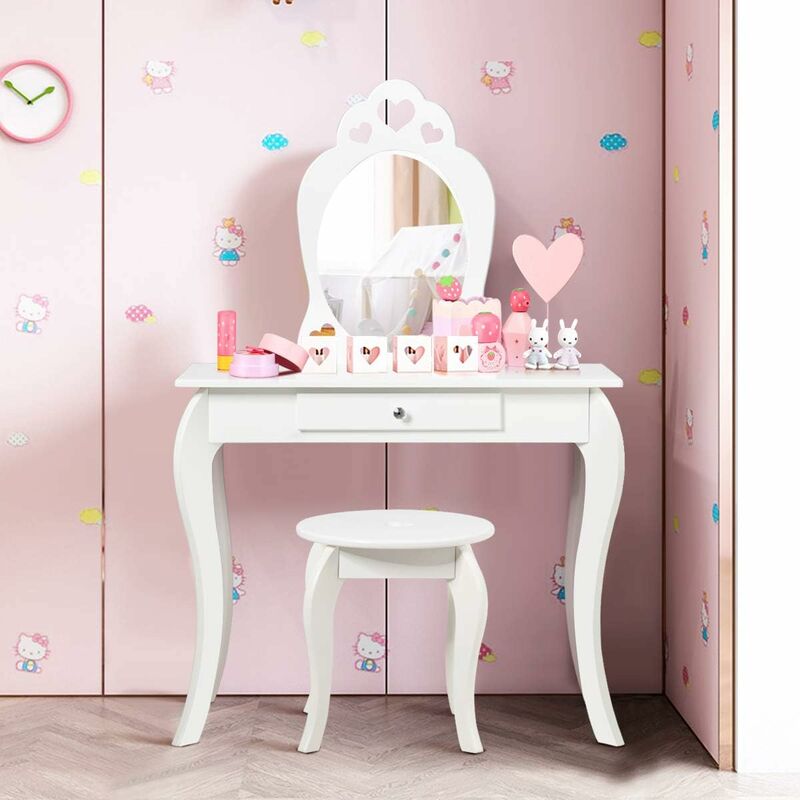 costway coiffeuse pour enfant avec miroir, inclus de table de maquillage et detabouret, dessus amovible, contemporain, 70 x 34 x 105 cm (blanc)