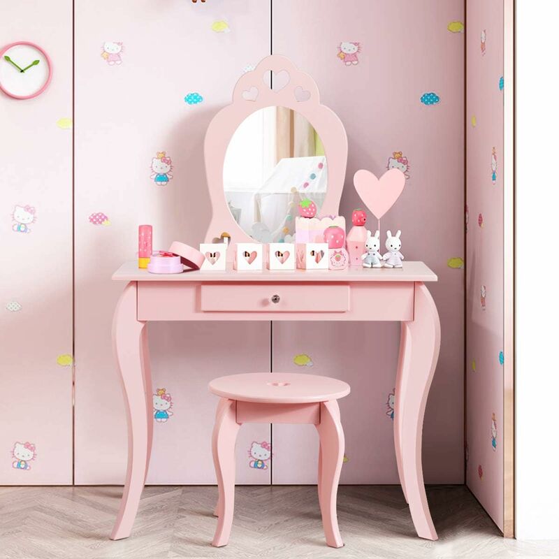 Coiffeuse pour Enfant avec Miroir, Inclus de Table de Maquillage et deTabouret, Dessus Amovible, Contemporain, 70 x 34 x 105 cm (Rose) - Costway