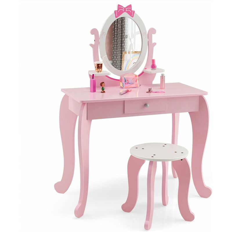 Coiffeuse pour Enfant avec Tabouret, Table Maquillage en Bois avec Miroir Rotatif Ovale, Tiroir et 2 Étagères, Rose - Costway