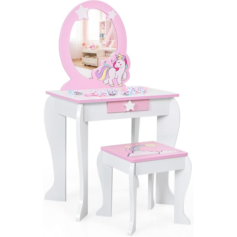 Coiffeuse pour Enfant Table de Maquillage avec Tabouret, Miroir Détachable et 1 Tiroir de Rangement Style Princesse Blanc - Costway
