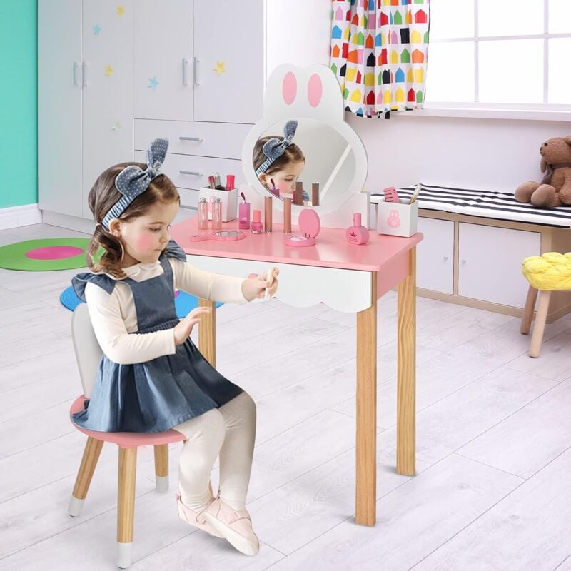 Coiffeuse pour Enfants 2 en 1 avec Miroir Amovible et Tabouret Tiroirs Boîte de rangement Ensemble Table et Chaise Rose - Costway