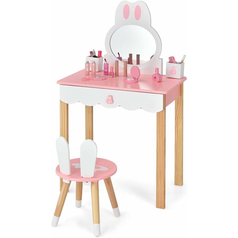 Coiffeuse pour Enfants 2 en 1 avec Miroir Amovible et Tabouret Tiroirs Boîte de rangement Ensemble Table et Chaise Rose - Costway