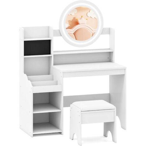 COSTWAY Coiffeuse pour enfants avec éclairage, coiffeuse pour enfants avec miroir, étagères et tabouret rembourré, coiffeuse princesse en bois, coiffeuse pour filles à partir de 3 ans (blanc)