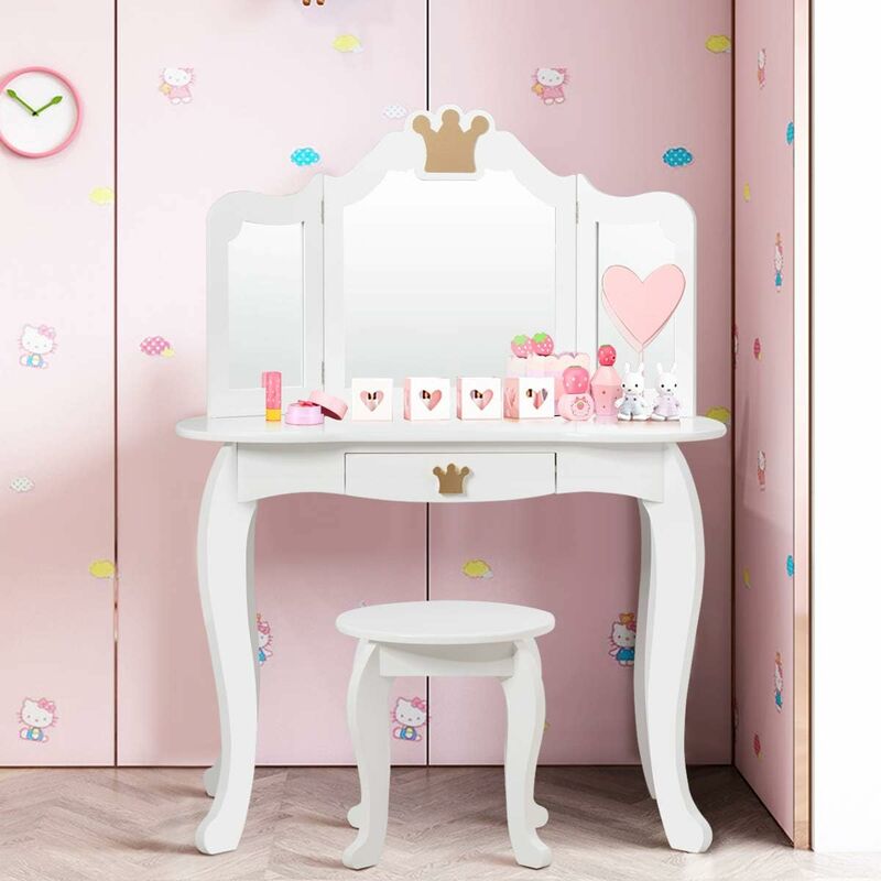 Coiffeuse pour Enfants avec Miroir à Trois Volets, Ensemble de Coiffeuse 2-en-1 avec Dessus Amovible, Tabouret Inclus, Jeu de Simulation de Beauté