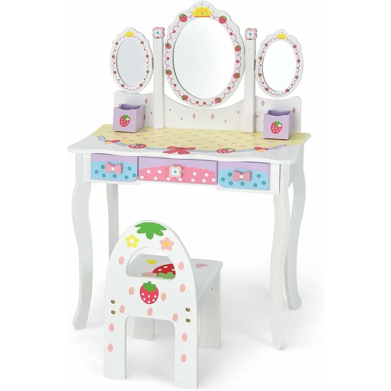 Coiffeuse pour Enfants avec Miroir Amovible - 3 Tiroirs - 2 Boîtes - Convertible Bureau - Style Princesse pour Filles, Blanc - Costway