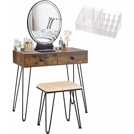 COSTWAY Coiffeuse, Table de Maquillage avec 1 Miroir Tactile à LED Choix d’Eclairage 3 Couleurs, 2 Tiroirs, 1 Boîte de Rangement et 1 Tabouret