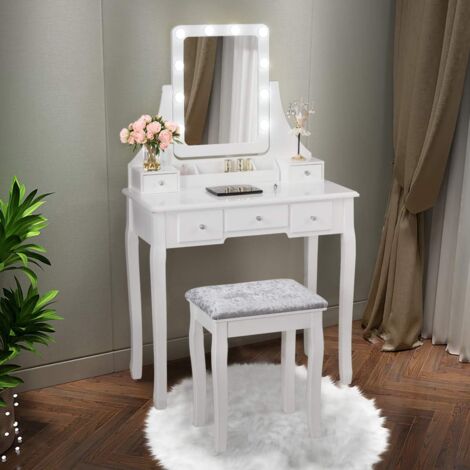 COSTWAY Coiffeuse, Table de Maquillage avec 10 Ampoules LED à Intensité Variable Tabouret avec 5 Tiroirs et Boîtes de Rangement Amovibles Blanc