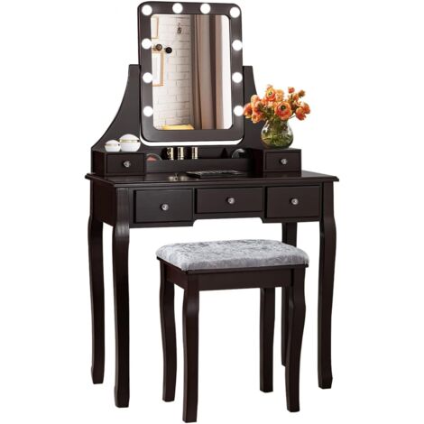 COSTWAY Coiffeuse, Table de Maquillage avec 10 Ampoules LED à Intensité Variable Tabouret avec 5 Tiroirs et Boîtes de Rangement Amovibles Marron