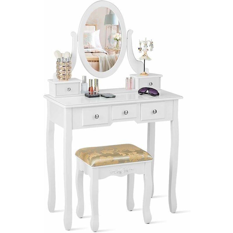 Coiffeuse Table de Maquillage avec Miroir Ovale Pivotant à 360°, 5 Tiroirs Finition Peinte et Tabouret Rembourré Blanc - Costway