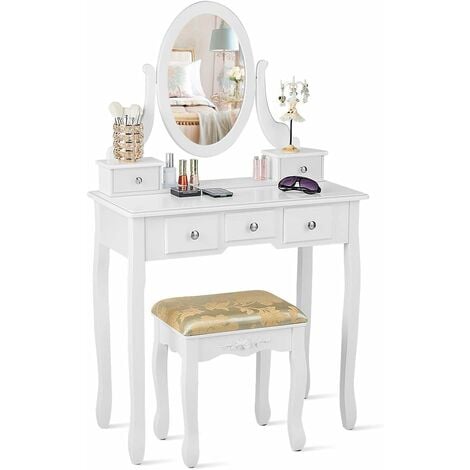 COSTWAY Coiffeuse Table de Maquillage avec Miroir Ovale Pivotant à 360°, 5 Tiroirs Finition Peinte et Tabouret Rembourré Noir/Blanc