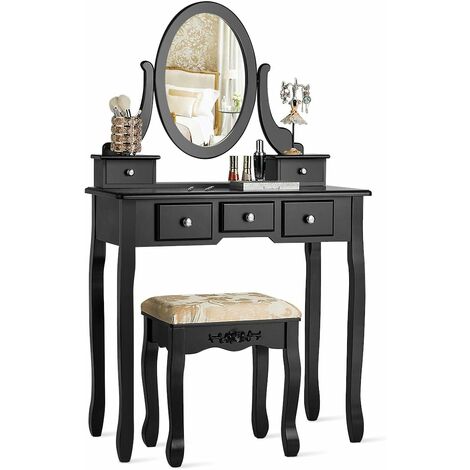COSTWAY Coiffeuse Table de Maquillage avec Miroir Ovale Pivotant à 360°, 5 Tiroirs Finition Peinte et Tabouret Rembourré Noir