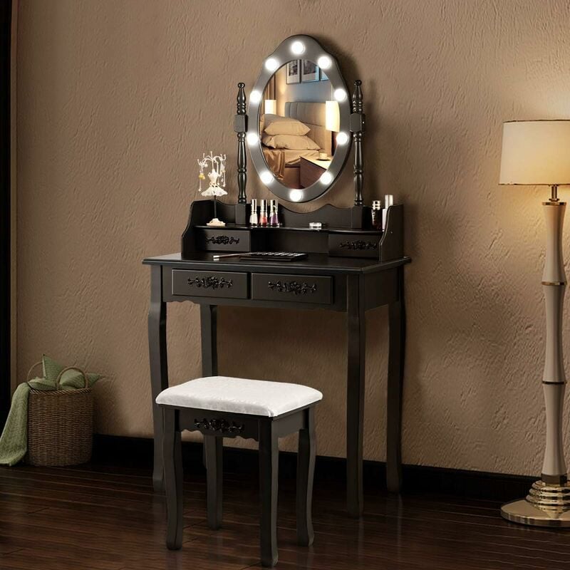 Coiffeuse,Table de Maquillage avec Miroir Oval et 10 Ampoules led à Intensité Variable 4 Tiroirs de Rangement Noir - Costway