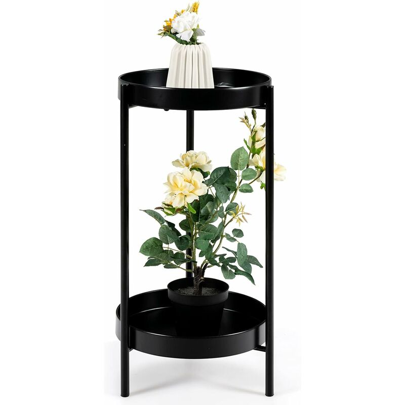 Costway - Colonne à Plantes en Métal Supports de Pots de Fleurs avec 2 Tablettes Amovibles pour Pot 25 cm Charge 15 kg Maison Jardin Noir