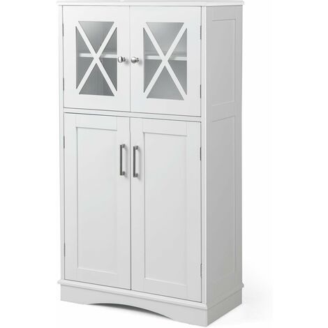 Costway – Colonne de salle de bain 4 portes vitrées – Armoire haute 60 x 30 x 108 cm – 3 étagères réglables en MDF – Fixation murale sécurisée
