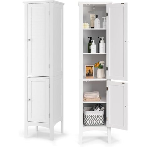Costway – Colonne de salle de bain 5 niveaux 2 portes – Meuble rangement MDF imperméable 37 x 37 x 160 cm – Dispositif anti-bascule