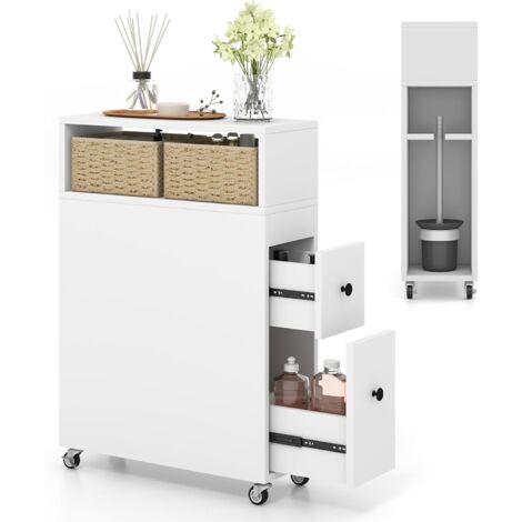 Costway – Colonne de salle de bain 50x16x72cm – 2 tiroirs et 2 paniers en osier amovibles – 4 roulettes dont 2 verrouillables – MDF blanc durable