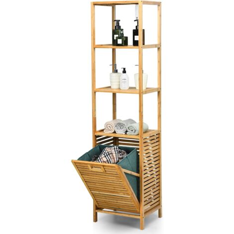 Costway – Colonne de salle de bain en bambou avec panier à linge inclinable – 3 étagères de rangement – Dimensions 40x33x160cm – Écologique et résistant