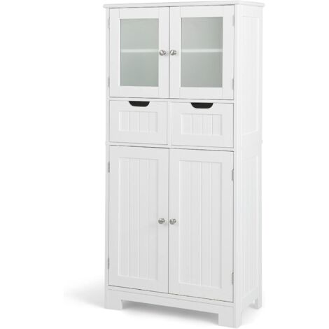 Costway – Colonne salle de bain armoire haute 4 portes – 2 tiroirs – Étagères réglables – MDF et verre trempé – Dimensions 60 x 30 x 128 cm
