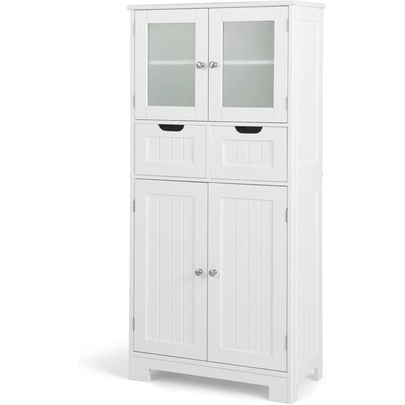 Costway - Colonne Salle de Bain Armoire Haute avec 4 Portes 2 Tiroirs, Étagères Réglables pour Salon, Cuisine, 60 x 30 x 128 cm