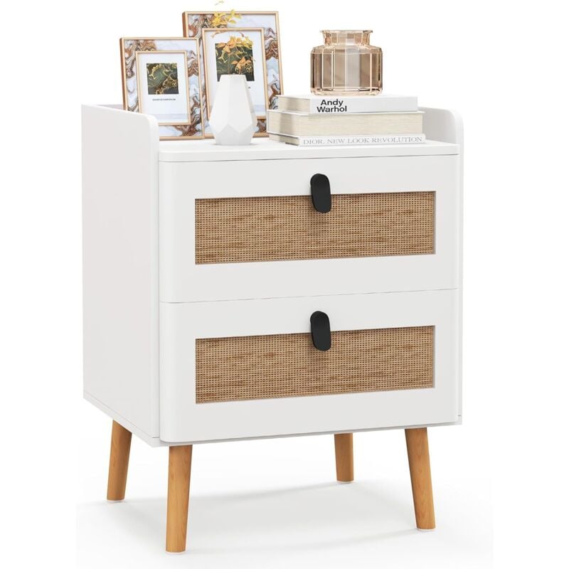 Costway - Commode 2 Tiroirs, Table de Chevet avec Pieds en Bois Massif, Poignée Noir Design, Tiroir en Rotin Bohème, Petite Commode Scandinave,