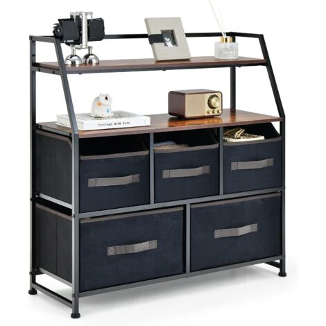 Costway – Commode 5 tiroirs en tissu – Meuble de rangement industriel avec 2 étagères – Cadre en métal – Dimensions 84x30x85cm – Kit anti-basculement inclus
