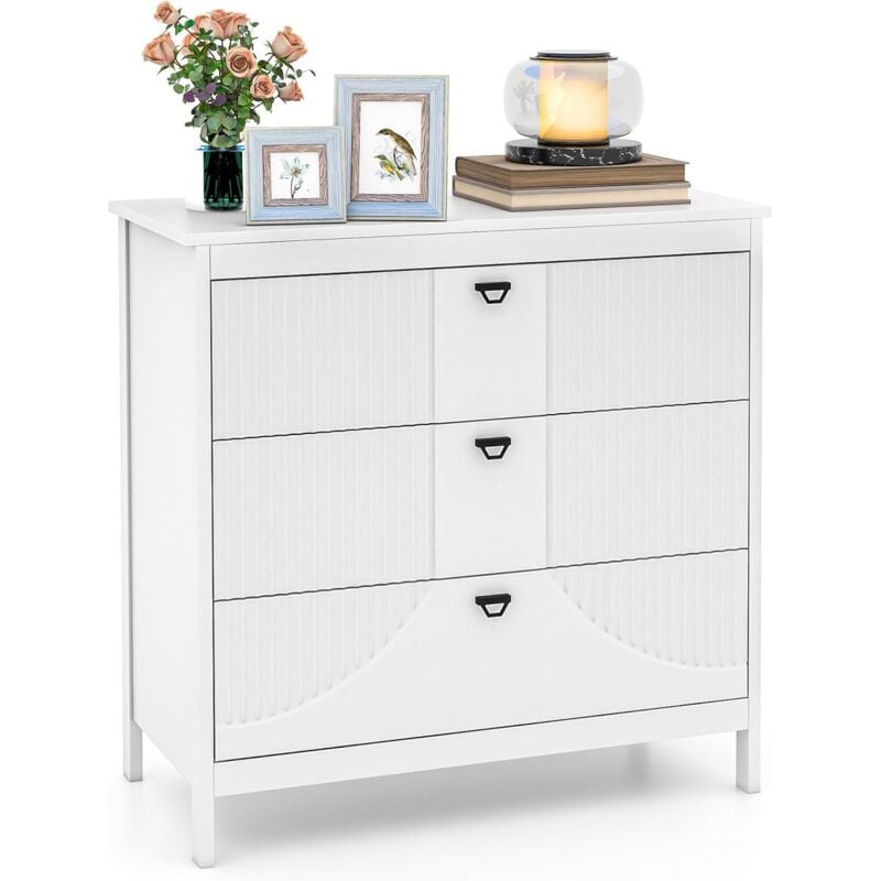 Commode Chambre 3 Tiroirs, Commode Blanche Bois pour Chambre, Meuble de Rangement Chambre avec Kit Anti-basculement, Table de Chevet pour Rangement