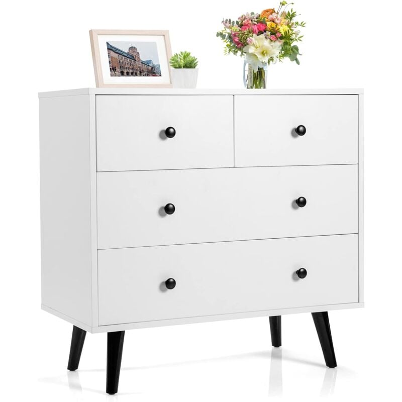 Commode Chambre 4 Tiroirs, Commode de Rangement en Bois, Kits Anti-Renversement, Chiffonnier Commode Blanc pour Chambre, Salon - Costway