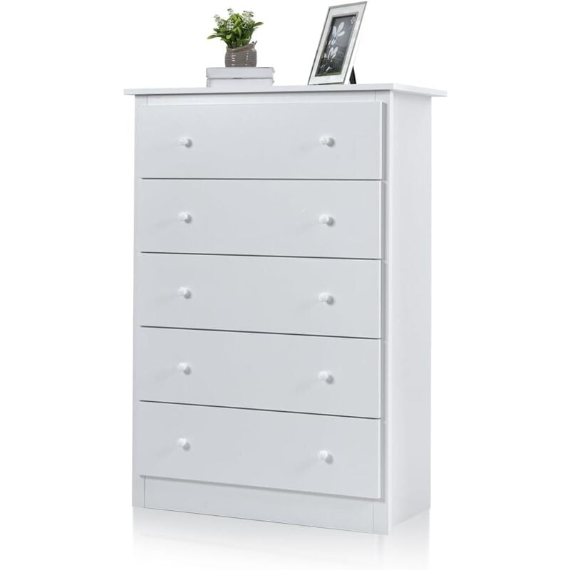 Costway - Commode Chambre 5 Tiroirs, Commode Rangement Blanche, Meuble Tiroir Rangement 115 cm, Chiffonnier pour Chambre Enfant, Salon