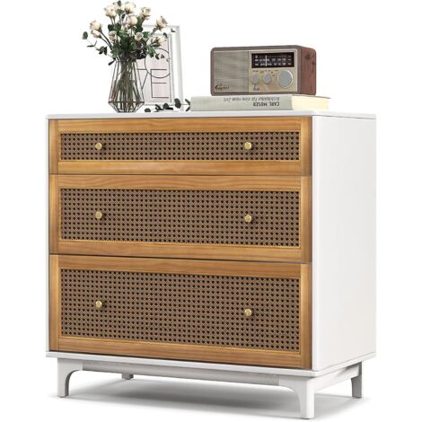 COSTWAY Commode Chambre Adulte en Rotin, Commode 3 Tiroirs, Meuble de Rangement en Bois, Kit Anti-basculement Inclus, pour Chambre, Salon, Entrée, Chambre d'enfant, Bohème, 80 x 40 x 78 cm