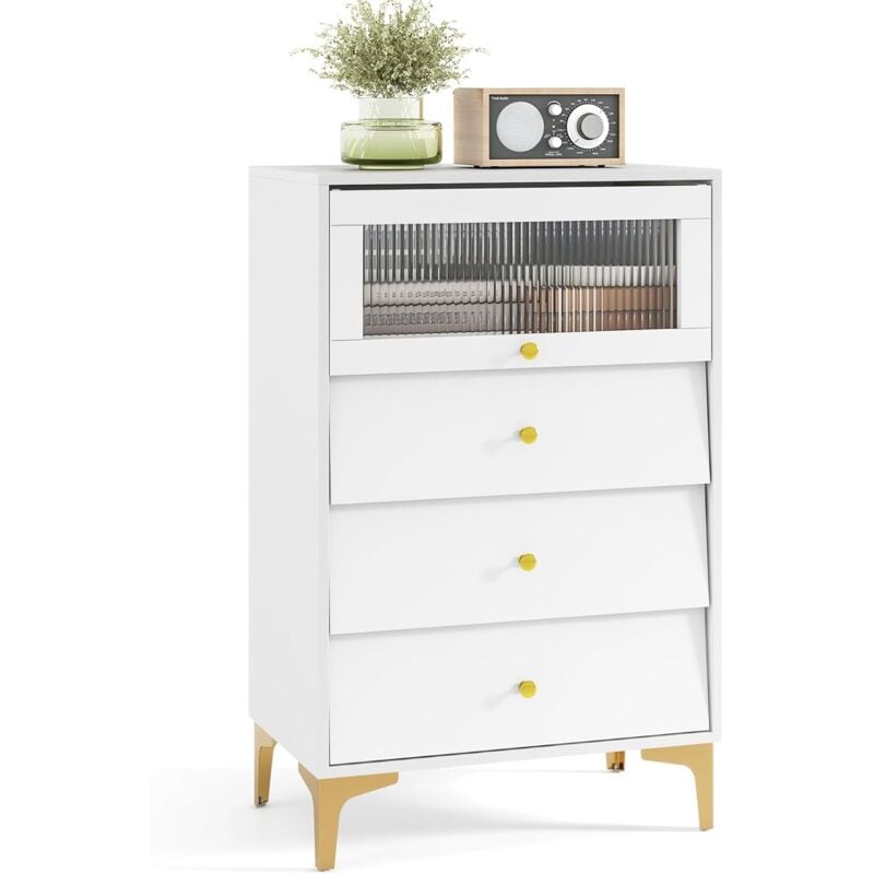 Commode Chambre, Armoire Cuisine avec Porte en Verre Strié Basculante, Tiroirs Coulissants, Pieds Métalliques Dorés, Kit Anti-Basculement, Armoire