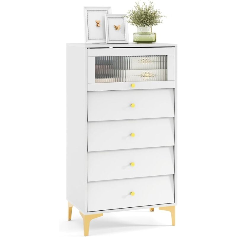 Commode Chambre, Armoire Cuisine avec Porte en Verre Strié Basculante, Tiroirs Coulissants, Pieds Métalliques Dorés, Kit Anti-Basculement, Armoire