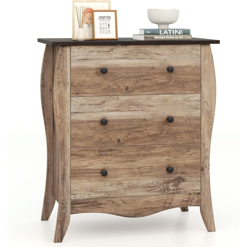 Commode Chambre, Commode 3 Tiroirs en Tissu Pliable, Design Incurvé, Plateau en Bois, Meuble de Rangement Chambre Rustique pour Chambre d'enfant,