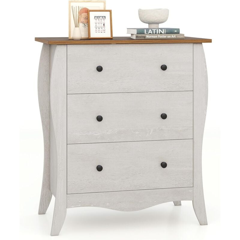 Commode Chambre, Commode 3 Tiroirs en Tissu Pliable, Design Incurvé, Plateau en Bois, Meuble de Rangement Chambre Rustique pour Chambre d'enfant,