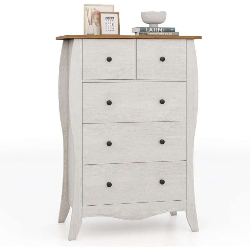 Commode Chambre, Commode 5 Tiroirs en Tissu Pliable, Design Incurvé, Plateau en Bois, Meuble de Rangement Chambre Rustique pour Chambre d'enfant,