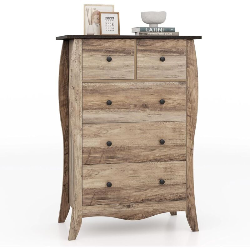 Commode Chambre 5 Tiroirs, Commode en Tissu Pliable, Design Incurvé, Plateau en Bois, Meuble Rangement Chambre pour Chambre d'enfant, Salon, Rustique