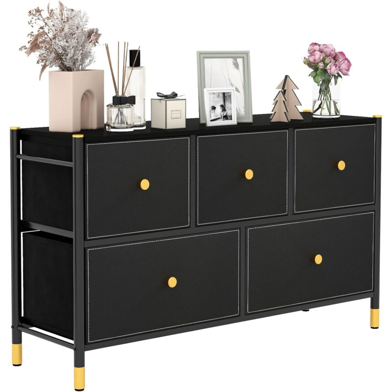 Commode Chambre, Commode Chambre Adulte 5 Tiroirs en Cuir pu et Tissu Pliable, Cadre en Métal, Chiffonnier Moderne avec Poignée Doré, Commode