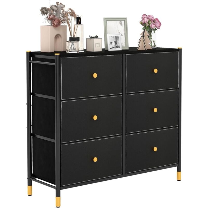 Commode Chambre, Commode Chambre Adulte 6 Tiroirs en Cuir pu et Tissu Pliable, Cadre en Métal, Chiffonnier Moderne avec Poignée Doré, Commode