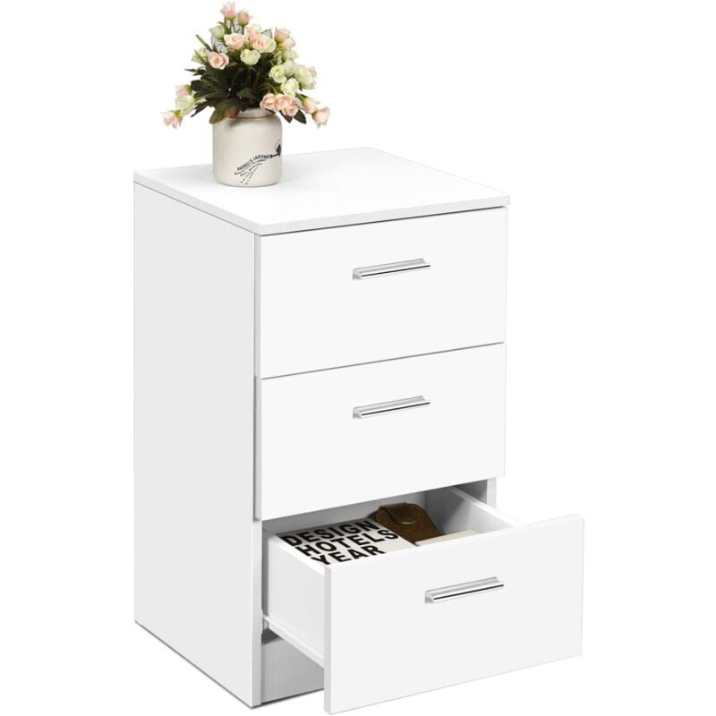 Costway - Commode Chambre en Bois avec 3 Tiroirs, Caisson de Bureau avec Tiroir, Table de Chevet pour Lit de H60CM, 35x38x67CM(Blanc)