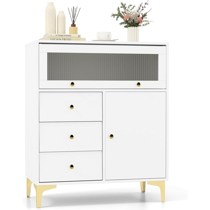 Commode de Rangement, Buffet de Salon avec Placard, Porte en Verre Strié Basculante, 3 Tiroirs Coulissants, Pieds Métalliques Dorés, Kit