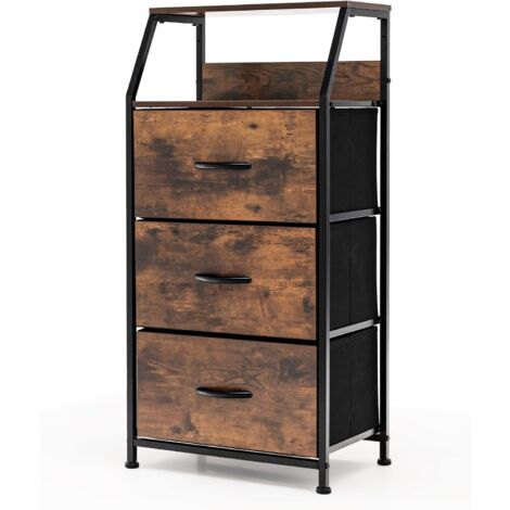 Costway – Commode haute 3 tiroirs en MDF et tissu – Étagère supérieure – Dimensions 45x29,5x92 cm – Poignée en bois de hêtre – Marron rustique